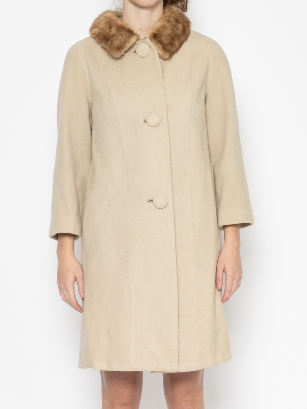 Vintage 1960s wool coat with fur collar trench coat size medium beige